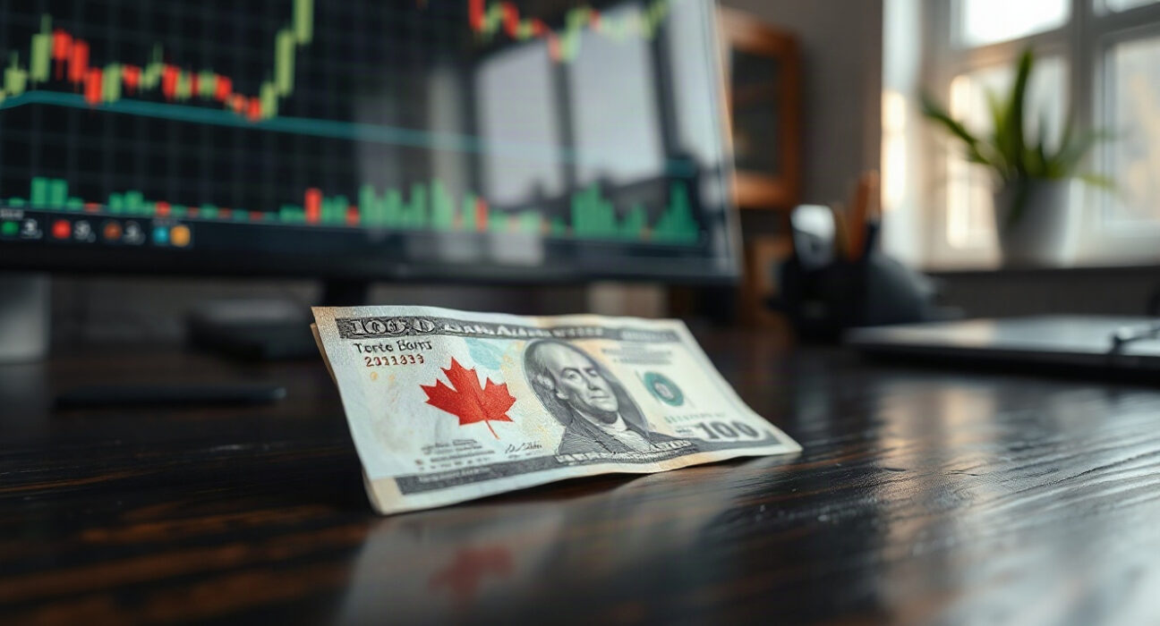 Canadian and US dollar banknotes with a financial chart in the background