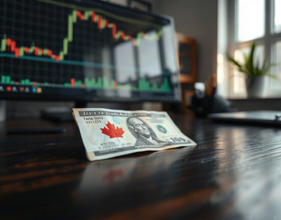 Canadian and US dollar banknotes with a financial chart in the background