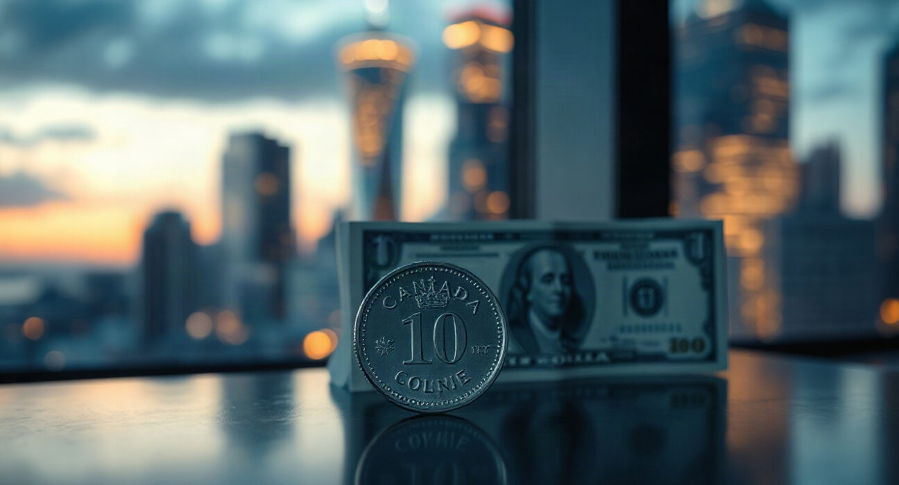 Canadian dollar coin and US dollar bill on a reflective surface with a financial district in the background.