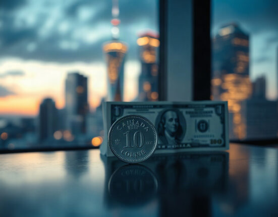 Canadian dollar coin and US dollar bill on a reflective surface with a financial district in the background.