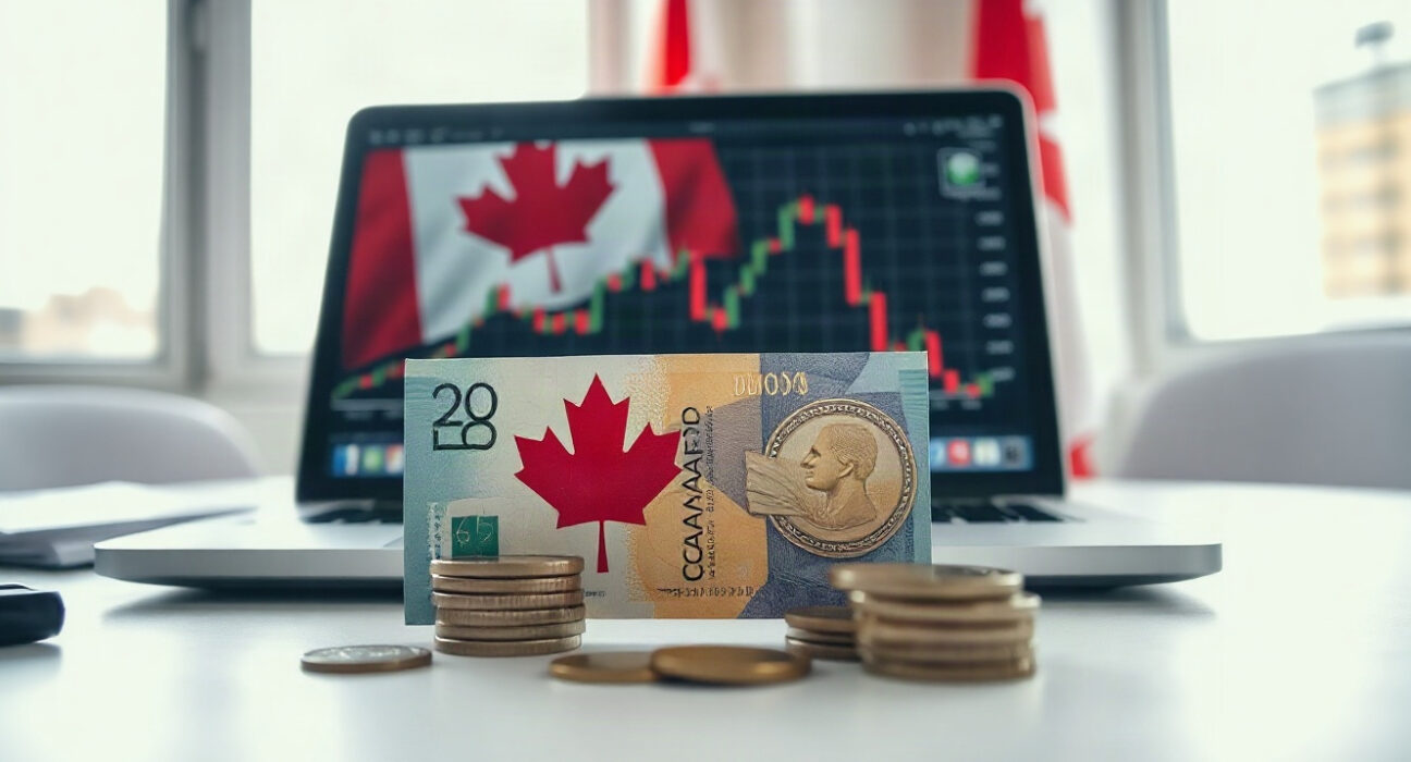 Canadian dollar banknotes and coins with a laptop showing economic charts, symbolizing trade war impact on GDP.