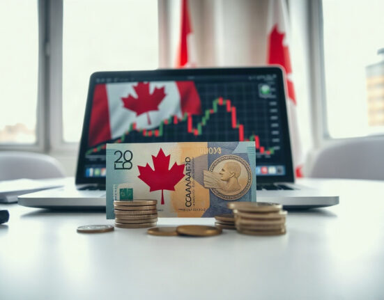 Canadian dollar banknotes and coins with a laptop showing economic charts, symbolizing trade war impact on GDP.