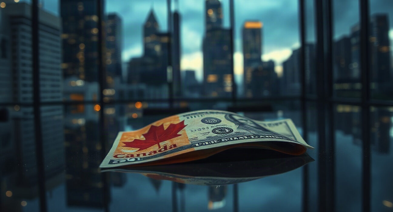Close-up of Canadian and US dollar banknotes on a reflective surface, symbolizing currency market volatility.