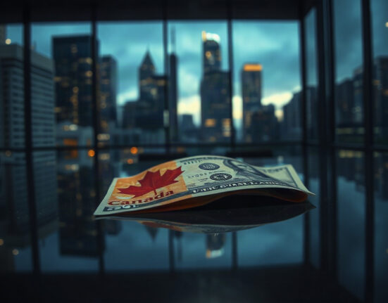 Close-up of Canadian and US dollar banknotes on a reflective surface, symbolizing currency market volatility.