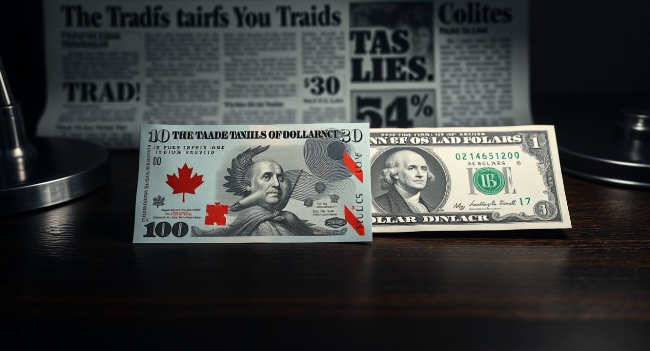 Canadian and US dollar banknotes on a desk, representing forex market tension from trade war.