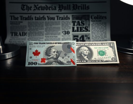 Canadian and US dollar banknotes on a desk, representing forex market tension from trade war.