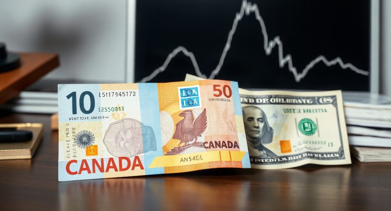 Canadian and US dollar banknotes on a desk with a downward-trending graph in the background, illustrating currency market weakness.