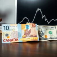 Canadian and US dollar banknotes on a desk with a downward-trending graph in the background, illustrating currency market weakness.