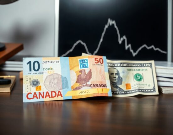Canadian and US dollar banknotes on a desk with a downward-trending graph in the background, illustrating currency market weakness.