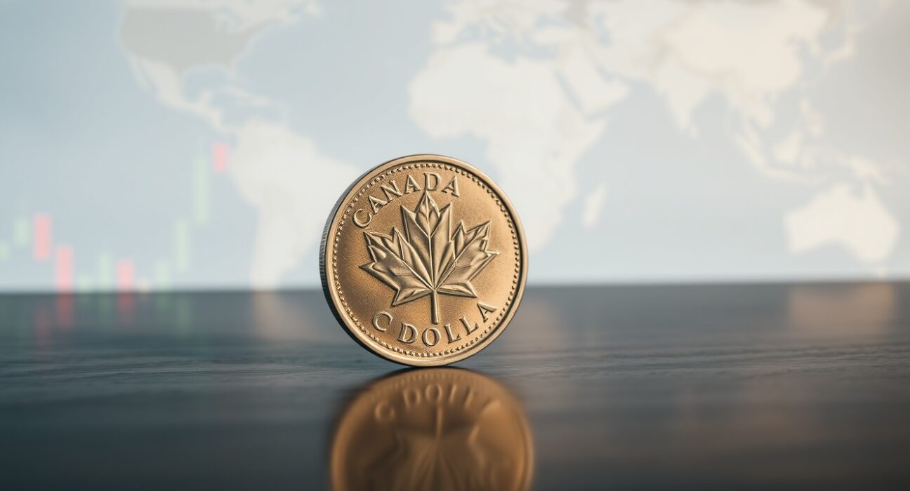Canadian loonie coin on a wooden surface with a blurred background of financial charts and a world map.