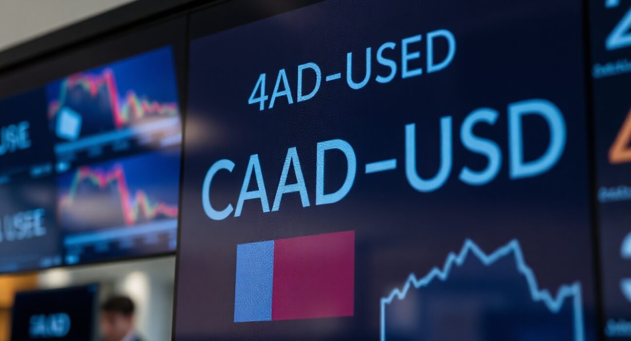 Canadian dollar and US dollar exchange rate board in financial district