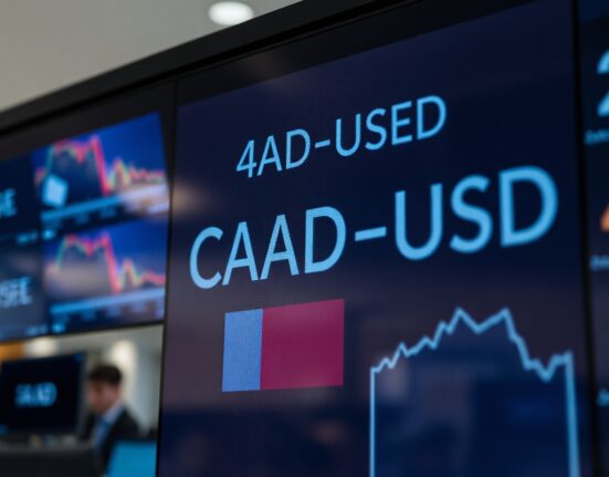 Canadian dollar and US dollar exchange rate board in financial district