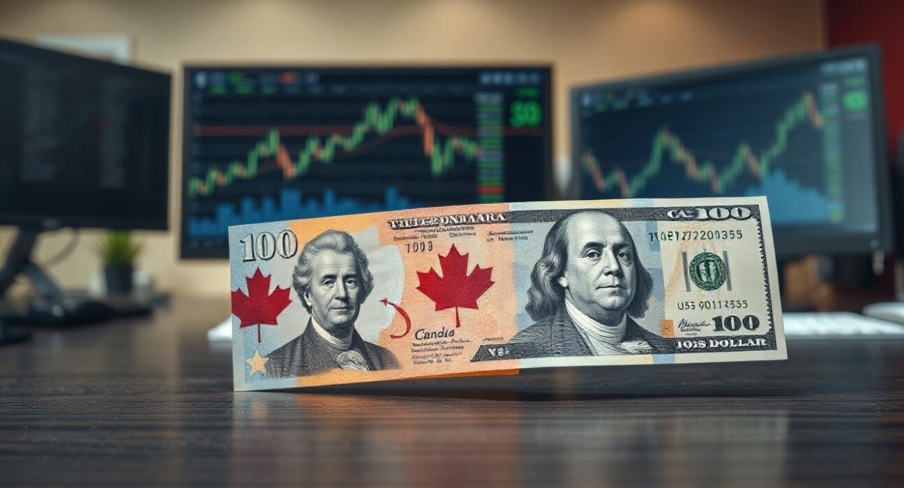 Canadian Dollar and US Dollar banknotes on desk with blurred financial charts in background