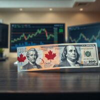 Canadian Dollar and US Dollar banknotes on desk with blurred financial charts in background