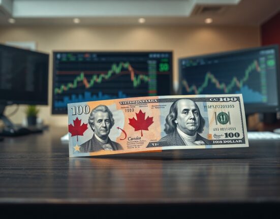 Canadian Dollar and US Dollar banknotes on desk with blurred financial charts in background