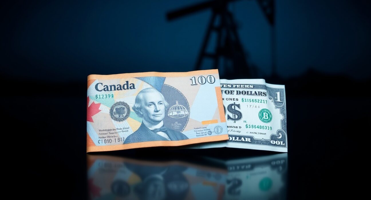 Canadian and US dollar banknotes on a reflective surface with an oil rig in the background, representing forex and oil market analysis.