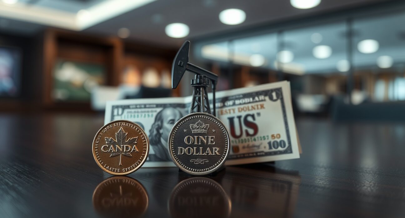 Canadian dollar coin and US dollar bill on table with oil derrick model, representing forex market dynamics.