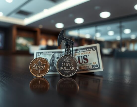 Canadian dollar coin and US dollar bill on table with oil derrick model, representing forex market dynamics.