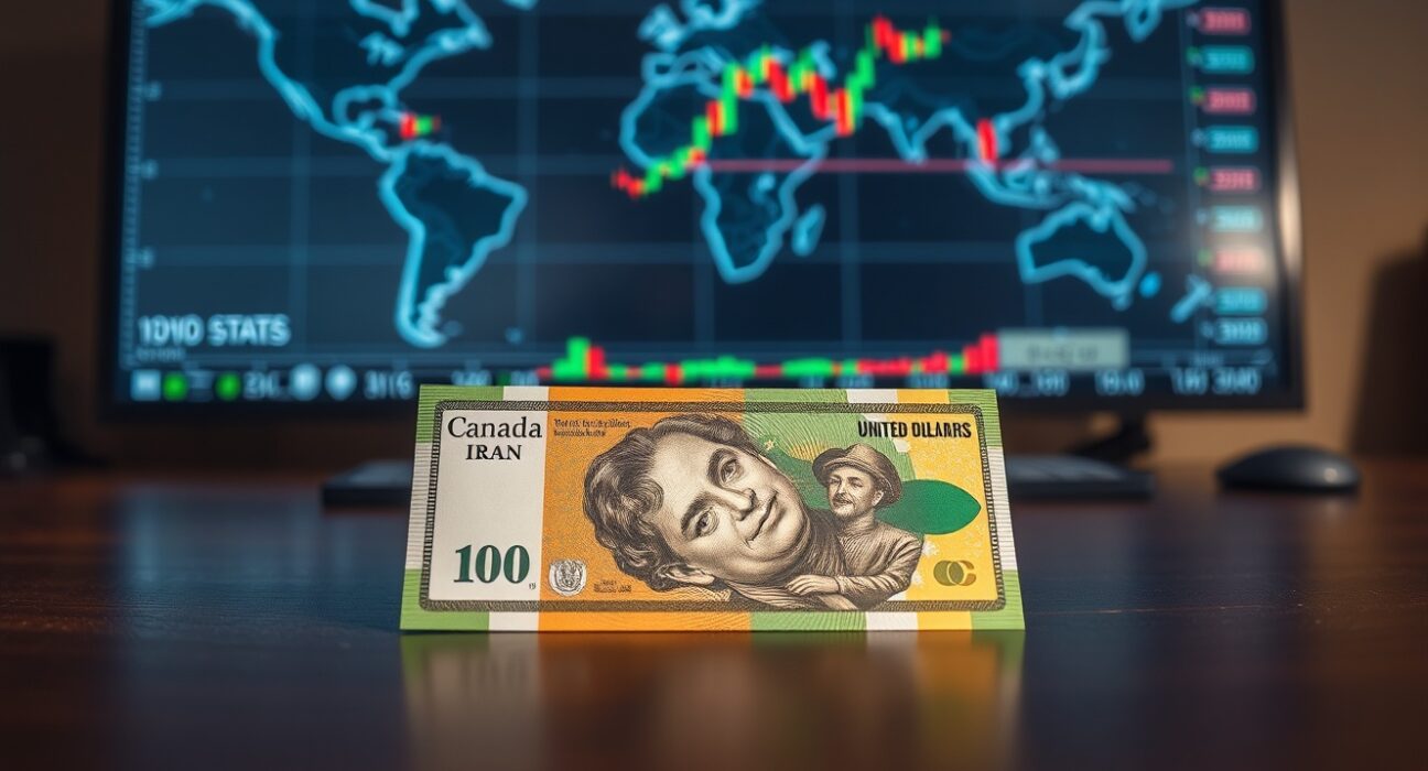 Canadian dollar banknote on desk with blurred monitor showing geopolitical map and charts