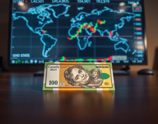 Canadian dollar banknote on desk with blurred monitor showing geopolitical map and charts