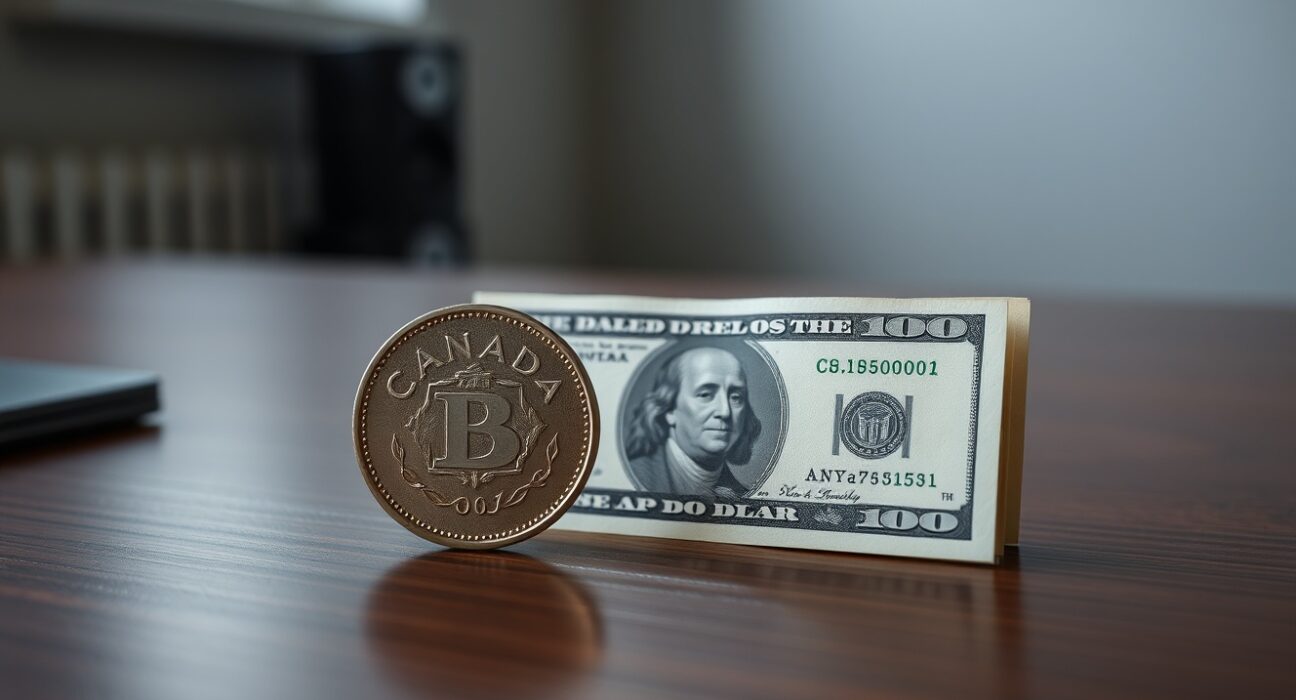 Canadian dollar coin and US dollar bill on a desk, representing forex market dynamics.