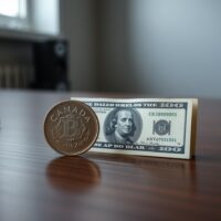 Canadian dollar coin and US dollar bill on a desk, representing forex market dynamics.