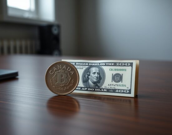 Canadian dollar coin and US dollar bill on a desk, representing forex market dynamics.