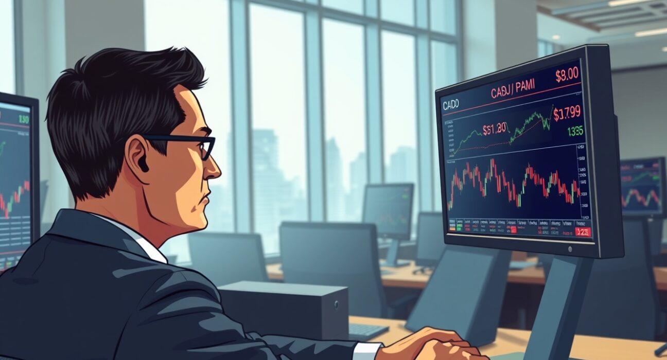 Trader analyzing Canadian dollar and US PMI data on trading desk monitors