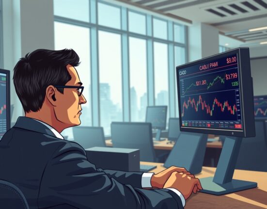 Trader analyzing Canadian dollar and US PMI data on trading desk monitors