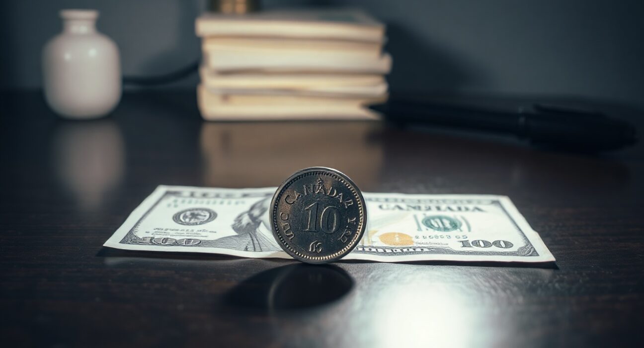 Canadian loonie coin and US dollar bill on a desk for forex market analysis