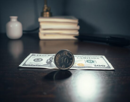 Canadian loonie coin and US dollar bill on a desk for forex market analysis