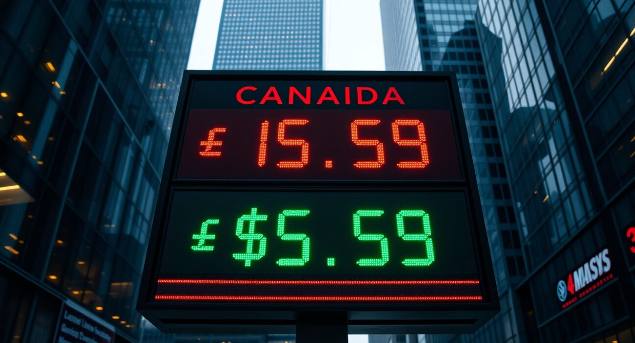 Digital currency exchange board showing CAD/USD rates in a financial district at dusk