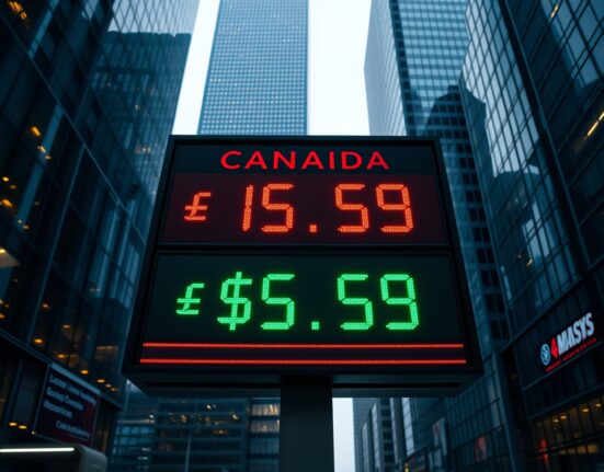 Digital currency exchange board showing CAD/USD rates in a financial district at dusk