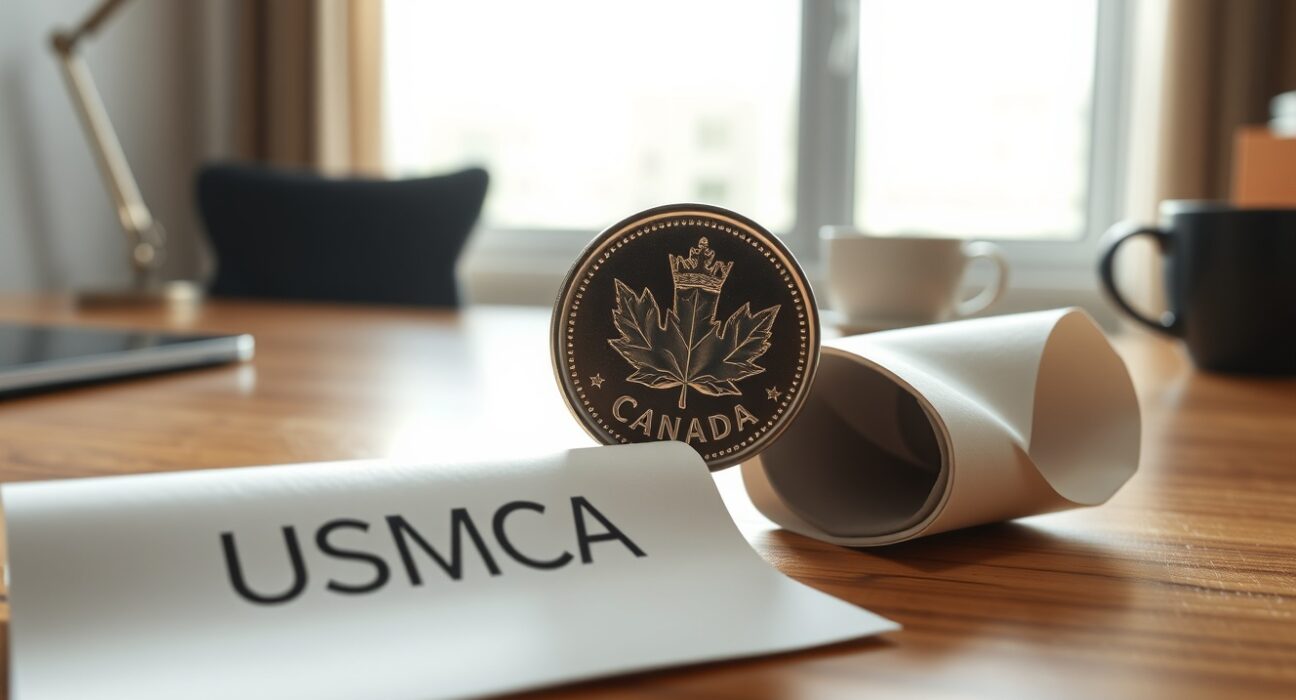 Canadian Loonie coin beside USMCA document in a professional office setting