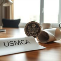 Canadian Loonie coin beside USMCA document in a professional office setting