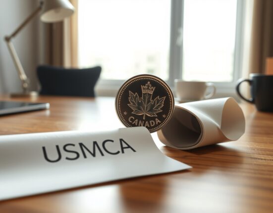 Canadian Loonie coin beside USMCA document in a professional office setting