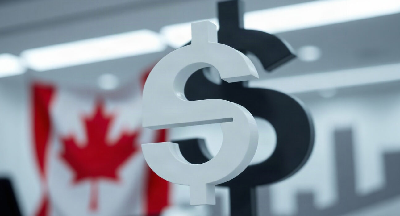 Canadian dollar symbol with US dollar symbol in background representing trade tensions