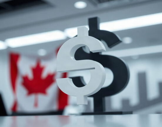 Canadian dollar symbol with US dollar symbol in background representing trade tensions