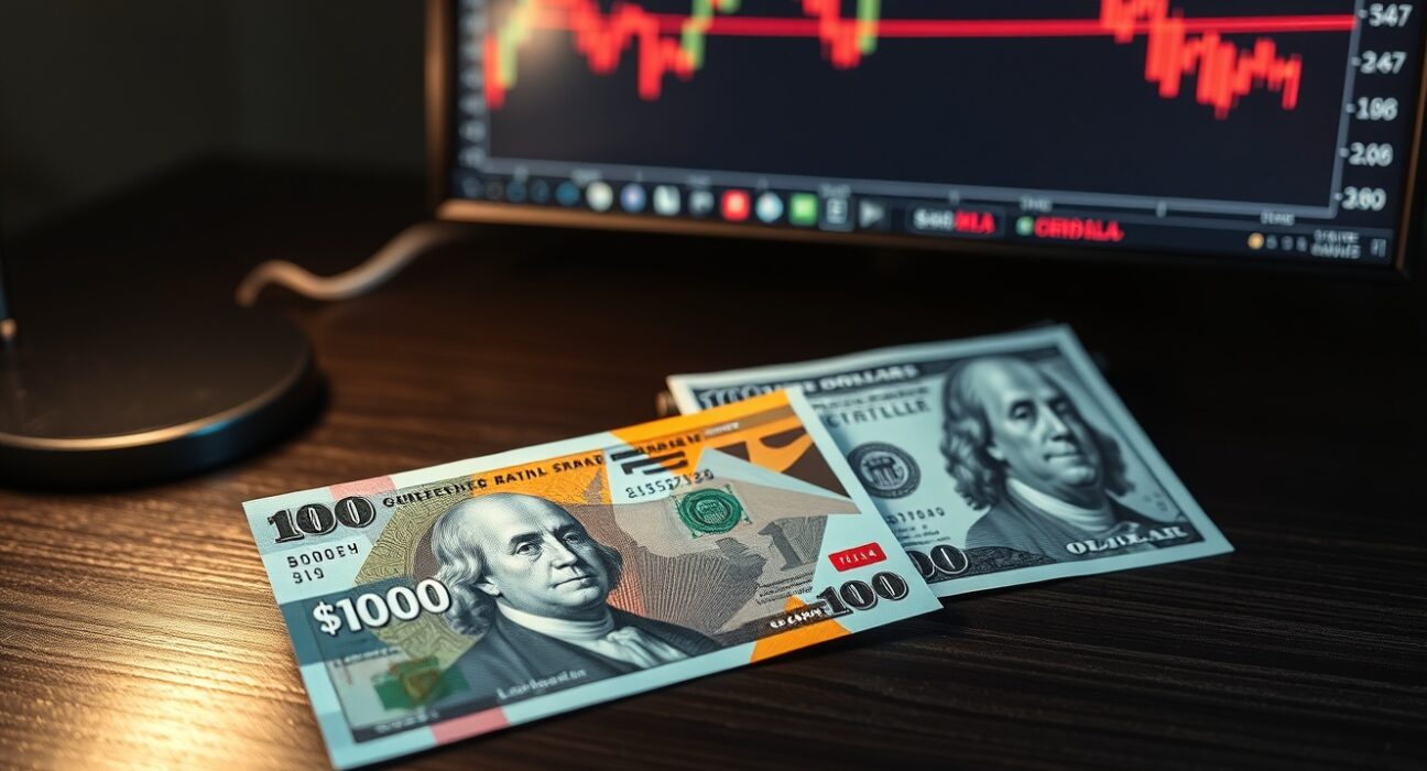 Canadian and US dollar bills on a desk with a forex chart in the background.
