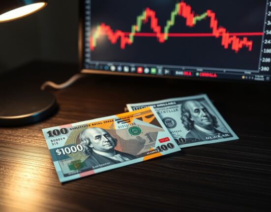 Canadian and US dollar bills on a desk with a forex chart in the background.
