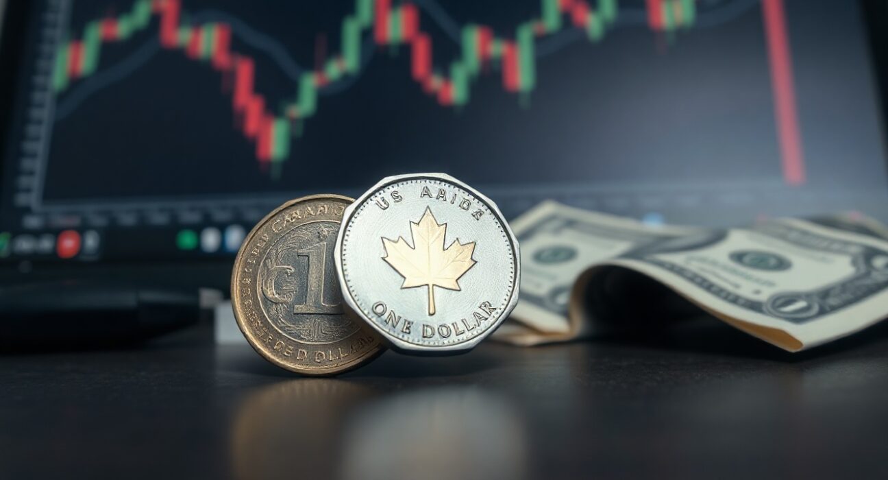 Canadian loonie coin and US dollar bill on desk, representing USD/CAD currency pair