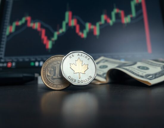 Canadian loonie coin and US dollar bill on desk, representing USD/CAD currency pair