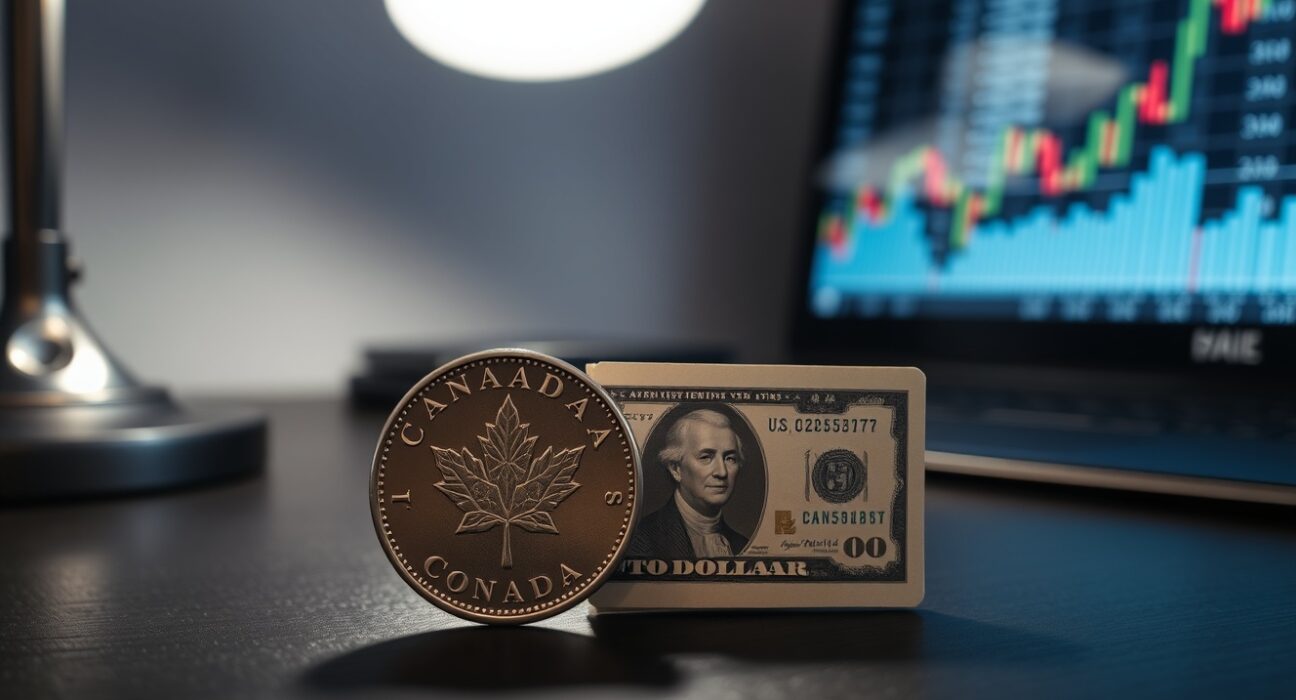 Canadian loonie coin and US dollar bill on a desk with financial charts in the background