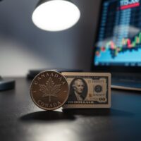 Canadian loonie coin and US dollar bill on a desk with financial charts in the background