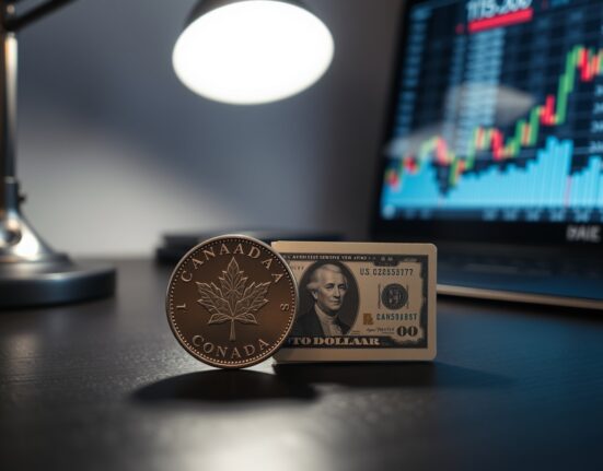 Canadian loonie coin and US dollar bill on a desk with financial charts in the background
