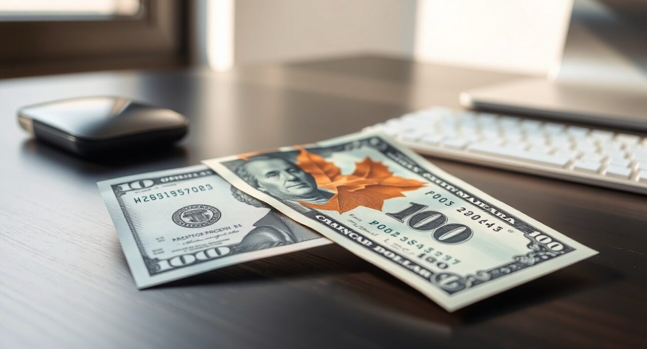 Canadian and US dollar banknotes on a desk, representing the weakening Canadian dollar exchange rate