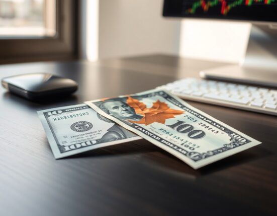Canadian and US dollar banknotes on a desk, representing the weakening Canadian dollar exchange rate