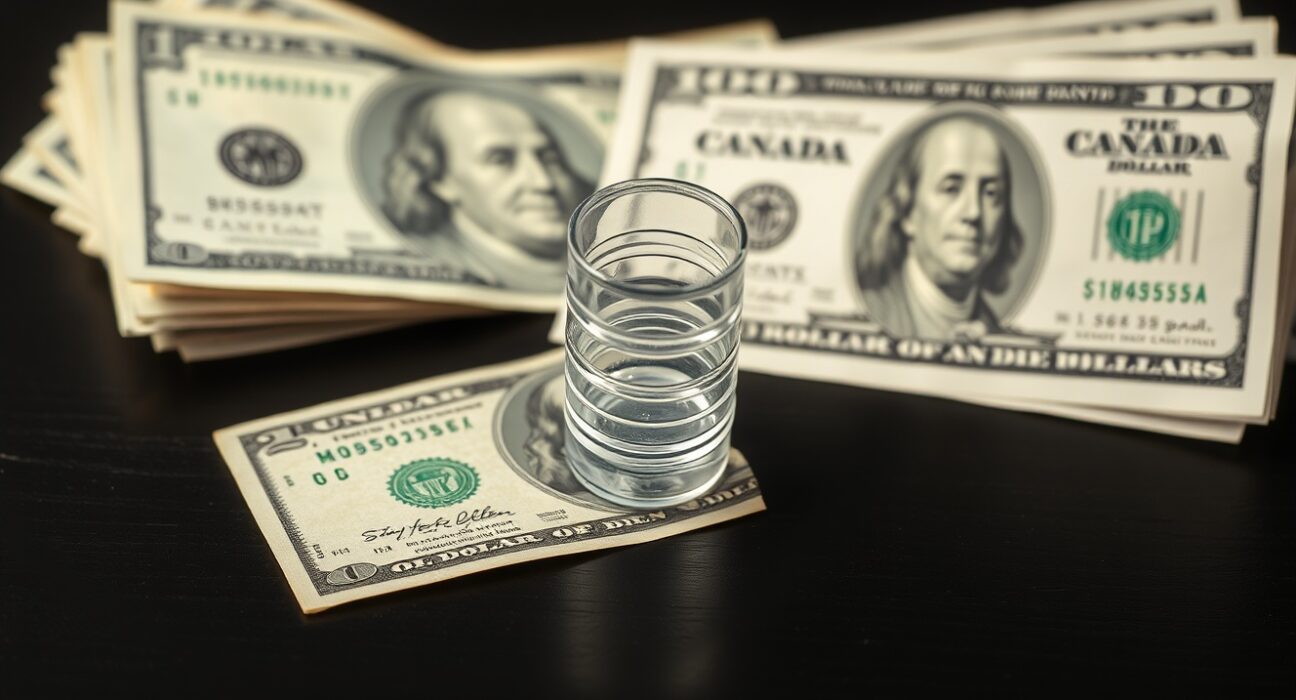 Canadian dollar and US dollar banknotes with a small oil barrel model on a dark surface