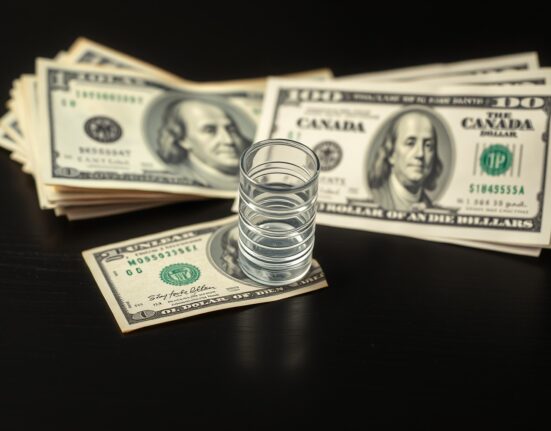 Canadian dollar and US dollar banknotes with a small oil barrel model on a dark surface