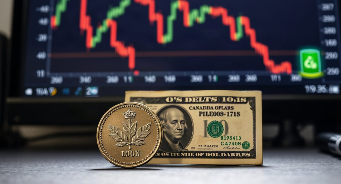 Canadian dollar coin and US dollar bill with declining chart in background